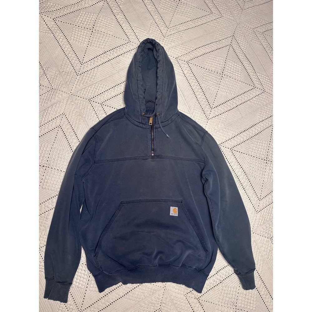 Carhartt Mens Distressed Quarter Zip Hoodie Navy Blue Original Fit Medium 100617